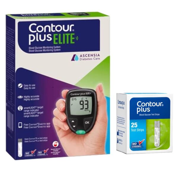 Contour Plus Elite Blood Glucose Monitoring System (Glucometer with Contour Plus Blood Glucose Test Strip 25S Free) | with Bluetooth