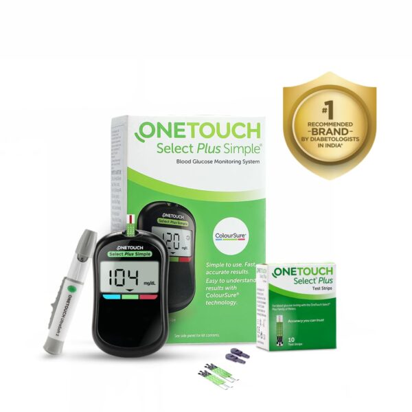 OneTouch Select Plus Simple glucometer machine | Simple & accurate testing of Blood sugar levels at home | Global Iconic Brand | FREE 10 Test Strips + 10 Sterile Lancets + 1 Lancing device